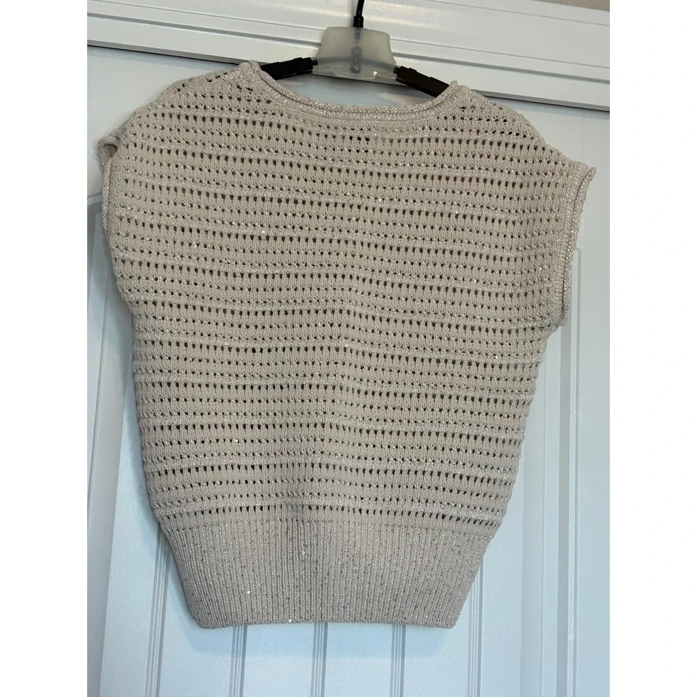 Joie Womens Beige Metallic Sequin Open Knit Sleeveless Sweater Top Small - Picture 6 of 8
